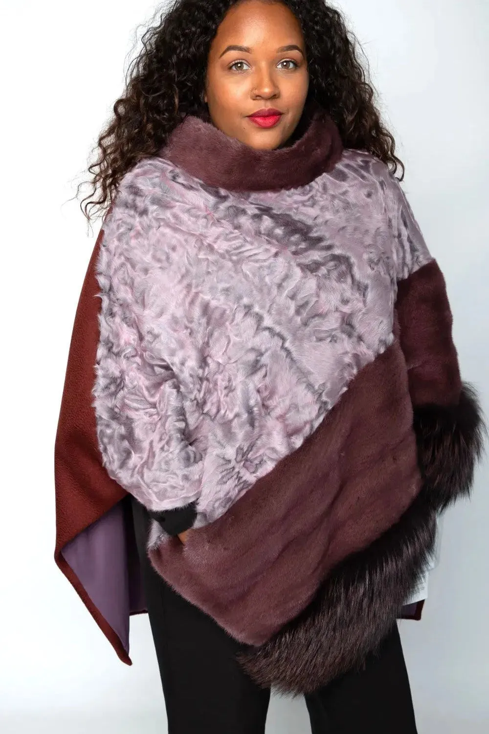 Burgundy Cashmere Cape w/ Fox, Mink, and Lamb