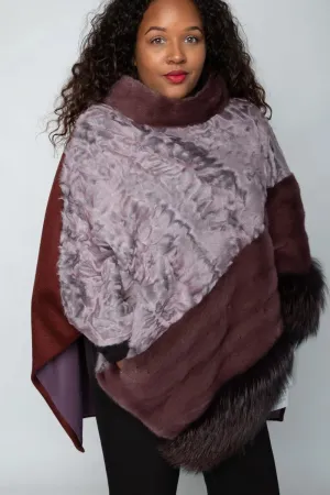 Burgundy Cashmere Cape w/ Fox, Mink, and Lamb