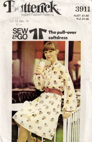 Butterick 3911 Womens Pullover Kimono Sleeved Dress 1970s Vintage Sewing Pattern Size 12 Bust 34 inches
