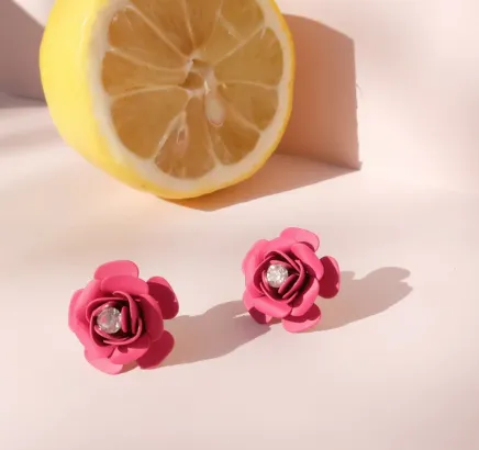 Camellia Stud Earrings with crystal - Silk Effect
