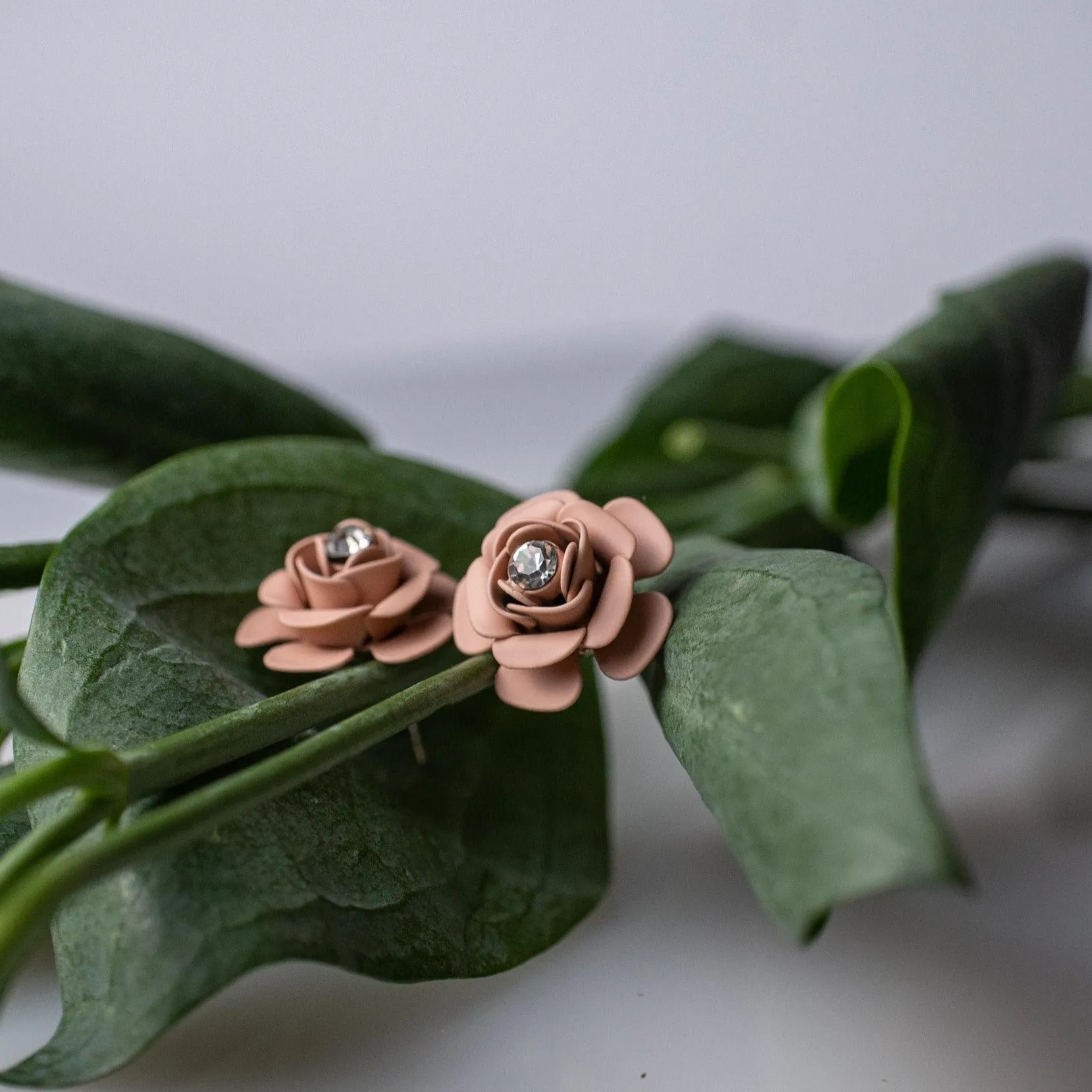 Camellia Stud Earrings with crystal - Silk Effect