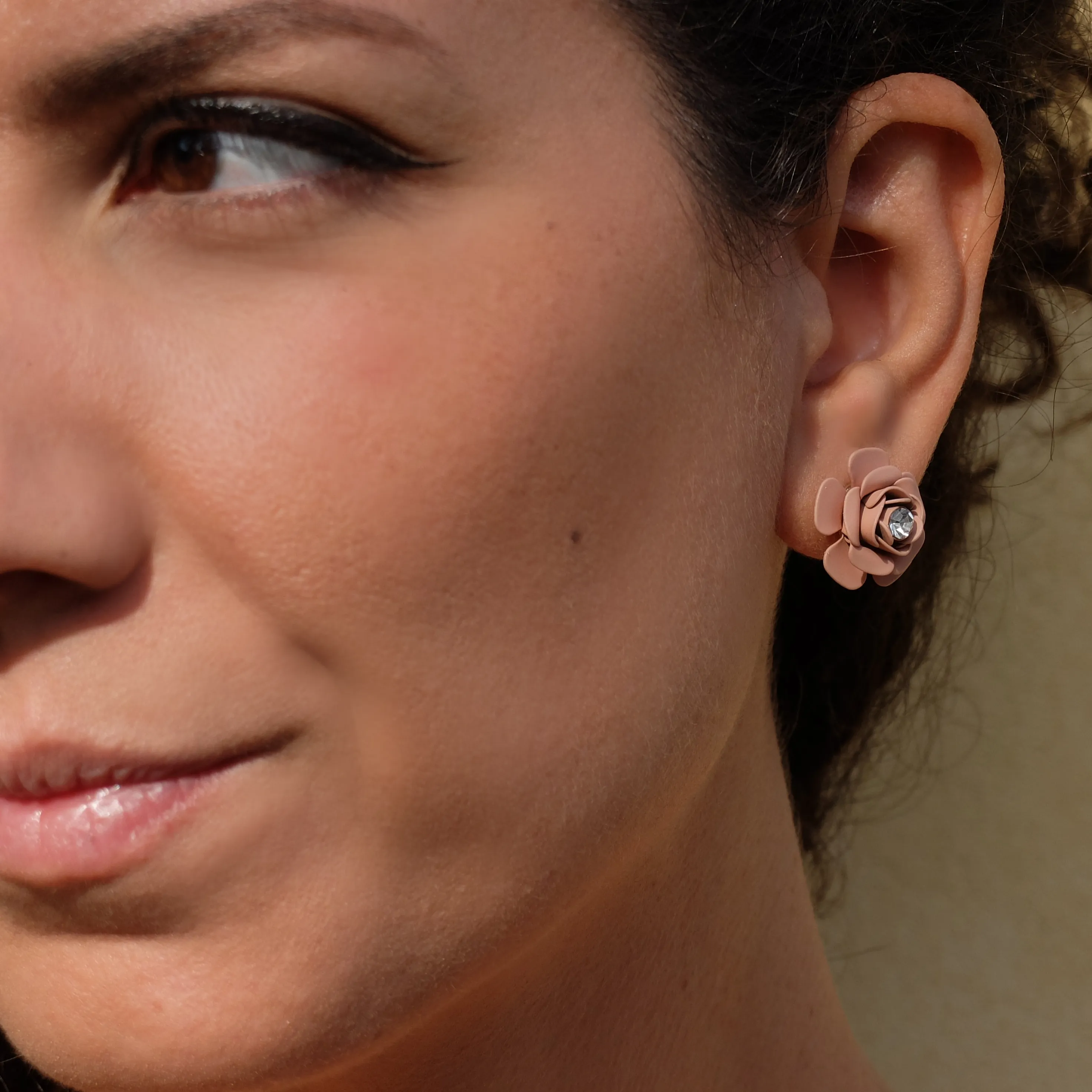 Camellia Stud Earrings with crystal - Silk Effect
