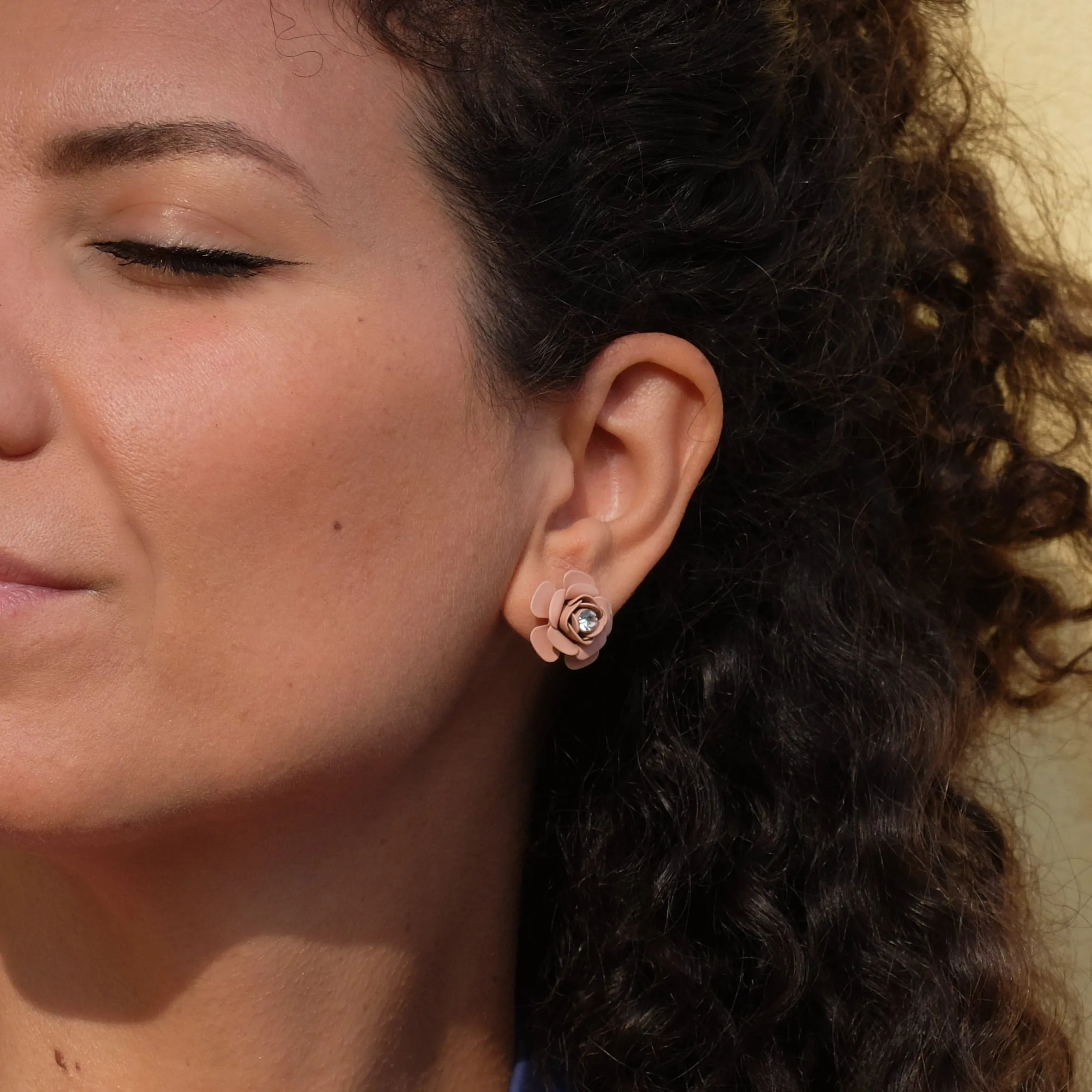 Camellia Stud Earrings with crystal - Silk Effect