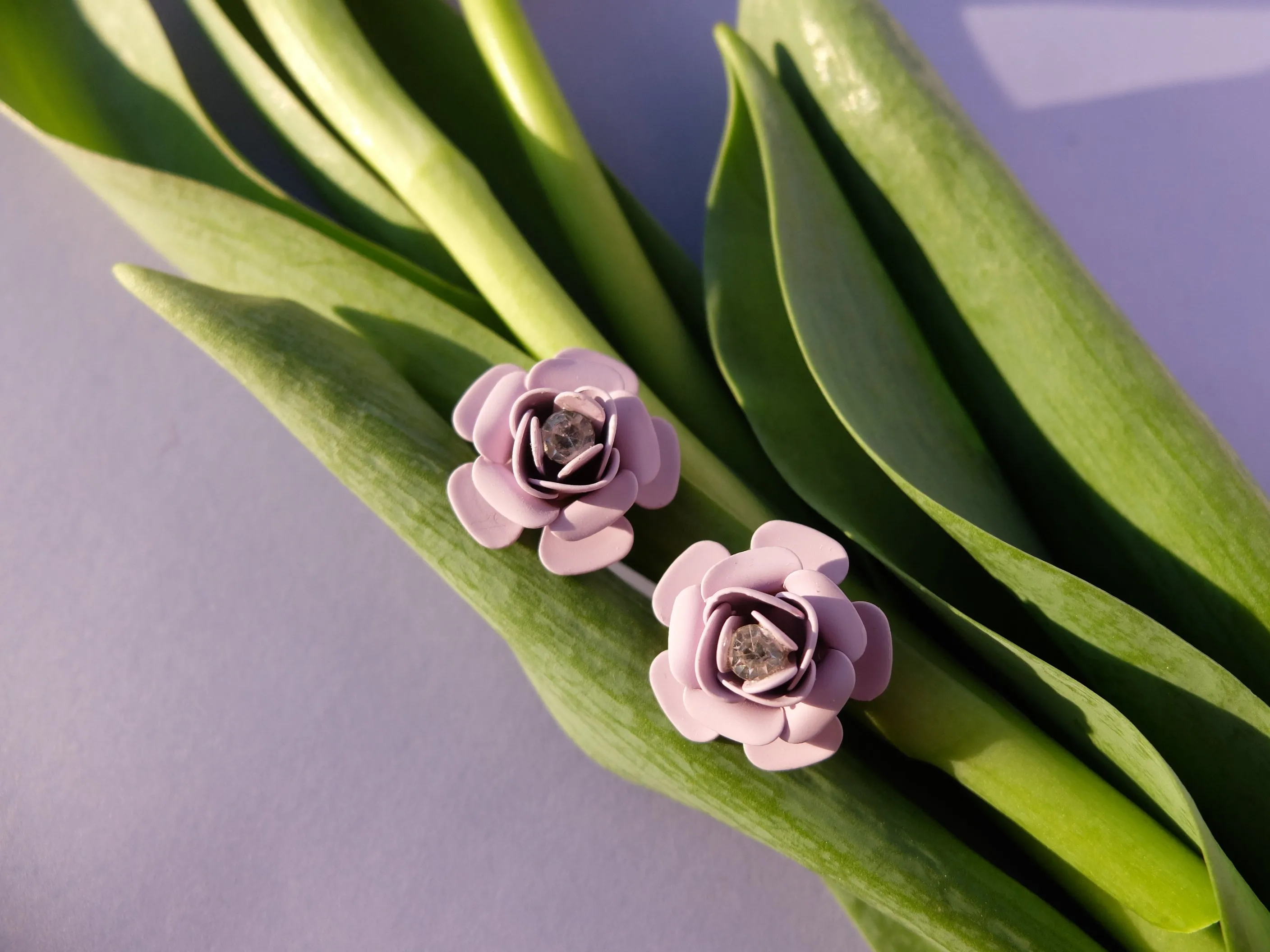 Camellia Stud Earrings with crystal - Silk Effect
