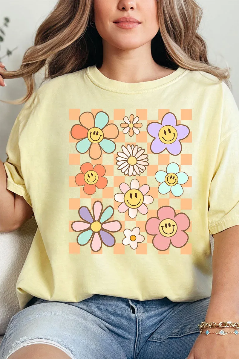 Checkered Happy Florals Comfort Colors Adult Ring-Spun Cotton Tee
