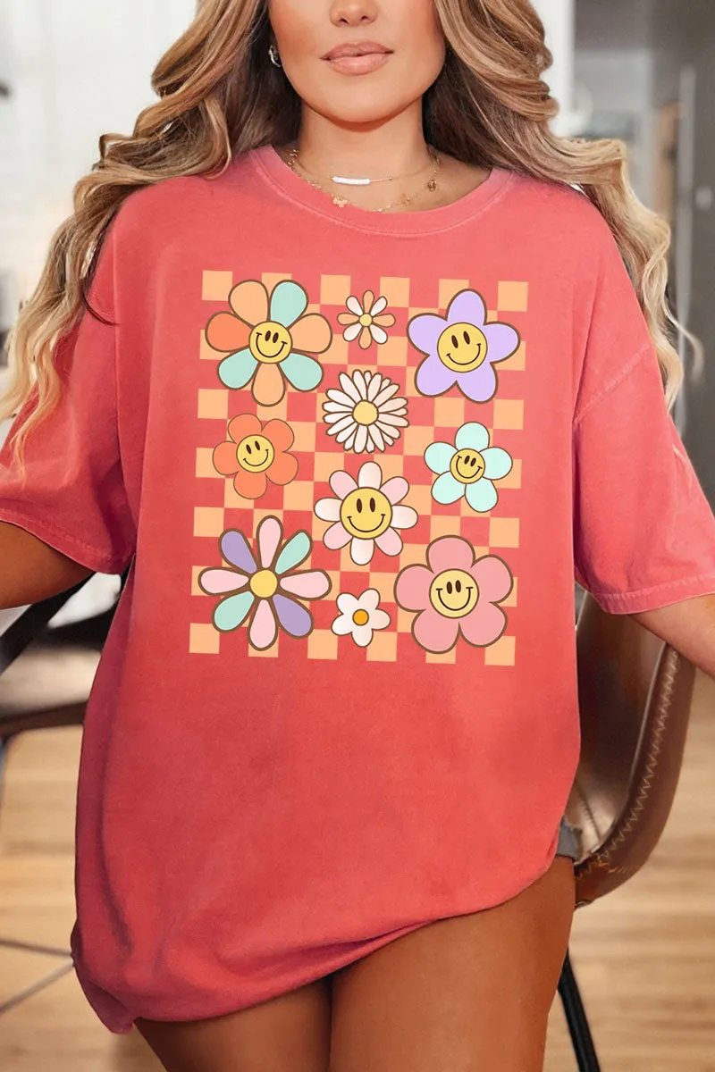 Checkered Happy Florals Comfort Colors Adult Ring-Spun Cotton Tee