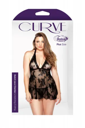 Curve Stretch Lace Chemise & Matching G-String - Black- 1x/2x