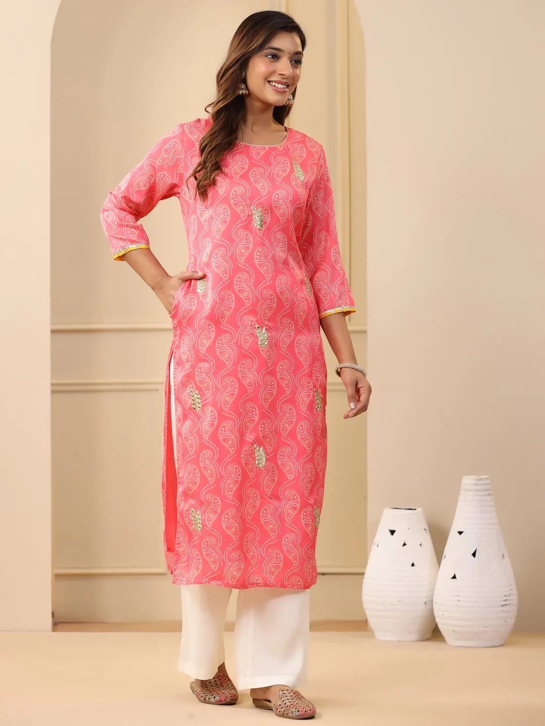 Embroidered Art Silk Peach Printed Straight Kurta