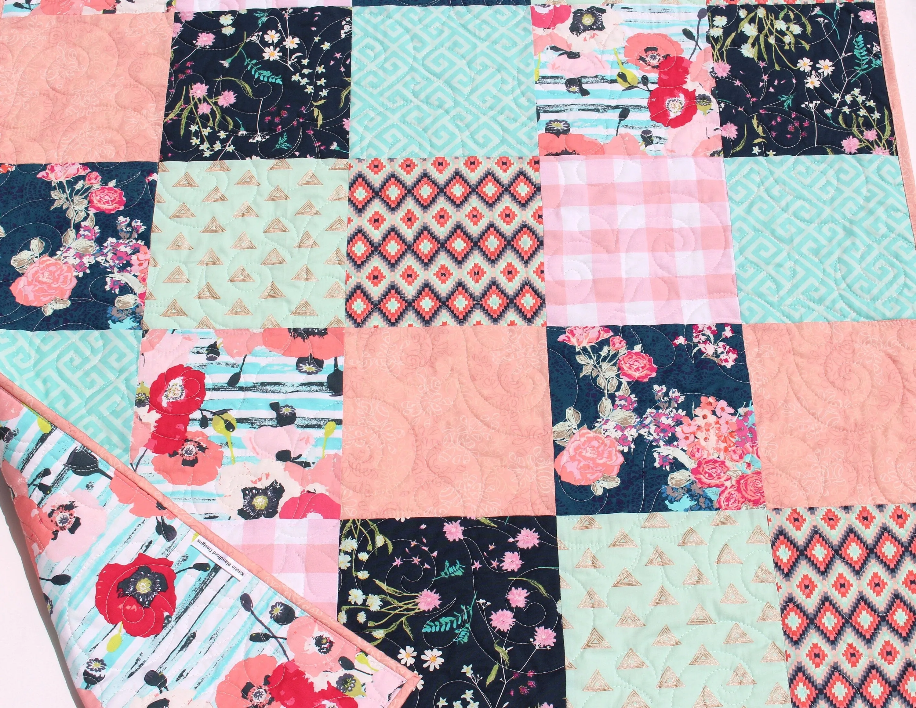 Floral Baby Girl Quilt, Newborn Blanket, Navy Coral Pink Aqua Bedding, Flower Nursery Girl