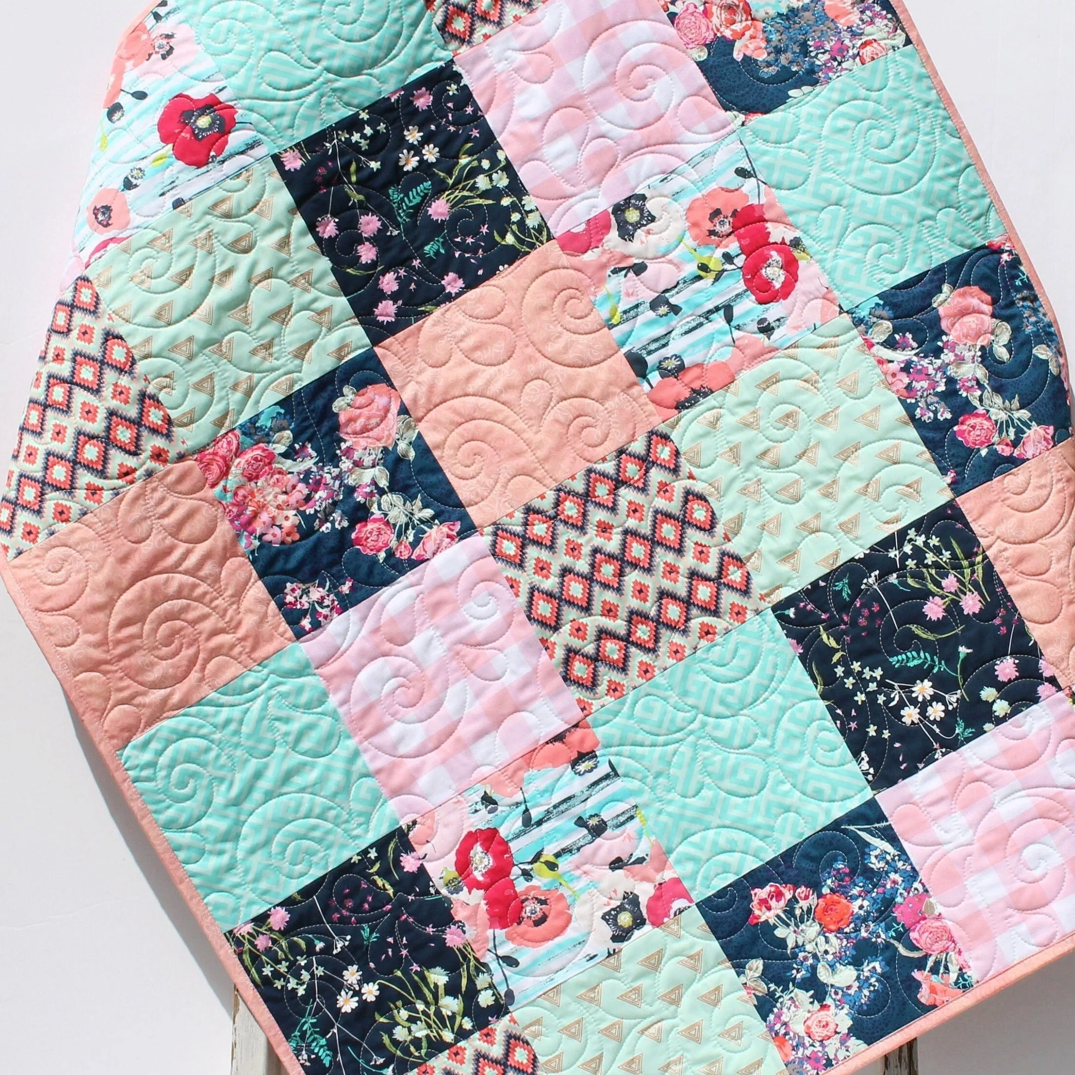 Floral Baby Girl Quilt, Newborn Blanket, Navy Coral Pink Aqua Bedding, Flower Nursery Girl