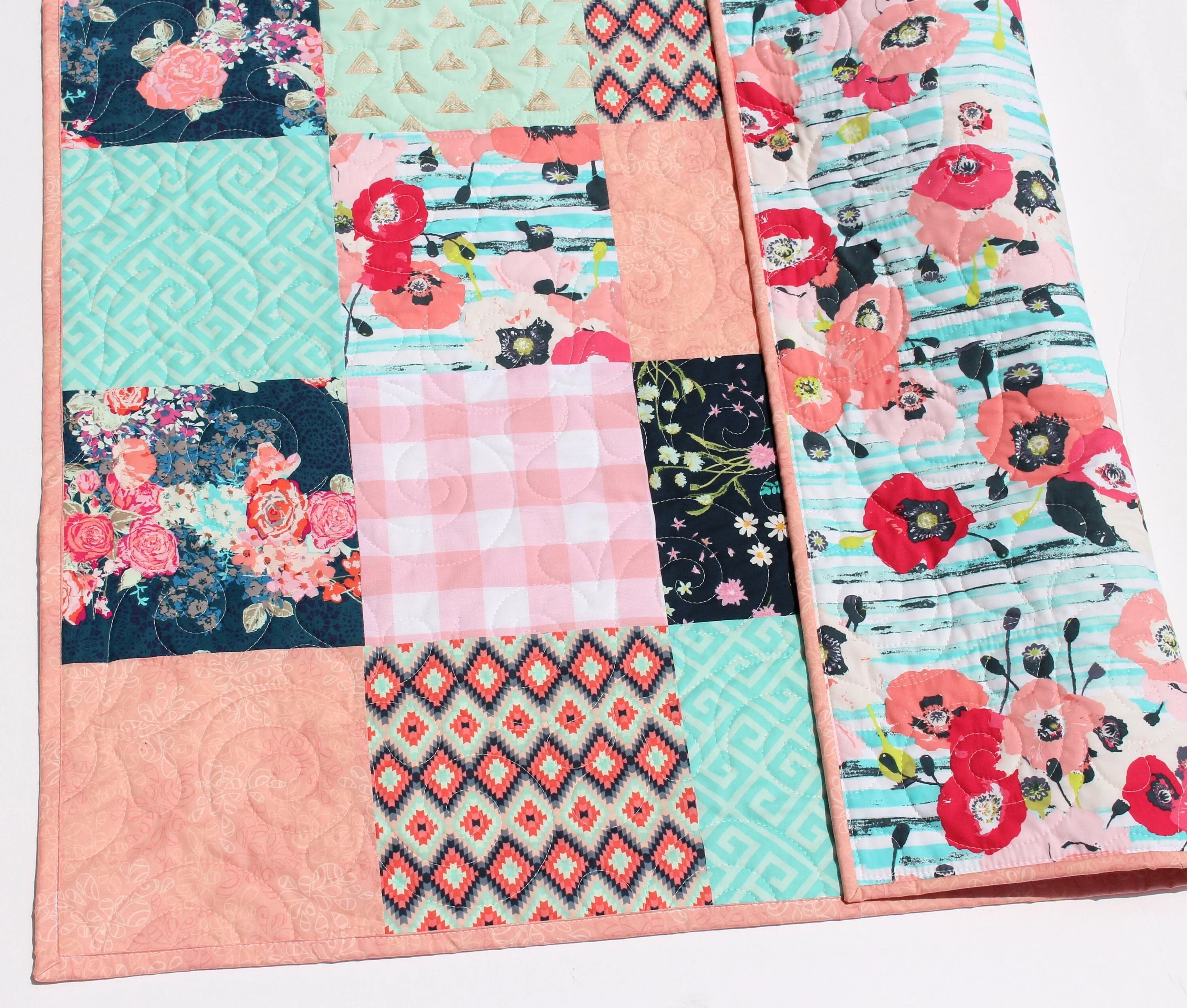 Floral Baby Girl Quilt, Newborn Blanket, Navy Coral Pink Aqua Bedding, Flower Nursery Girl