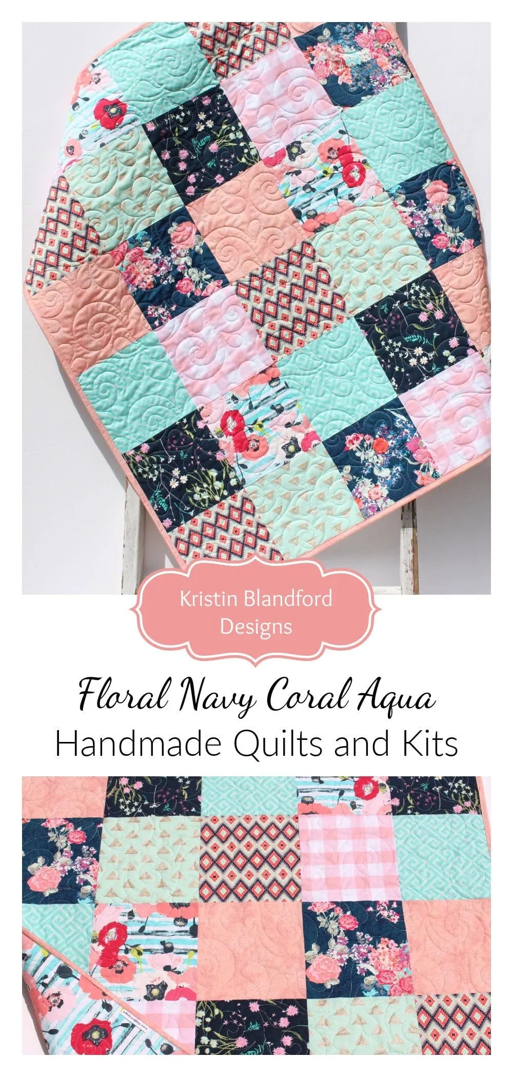 Floral Baby Girl Quilt, Newborn Blanket, Navy Coral Pink Aqua Bedding, Flower Nursery Girl