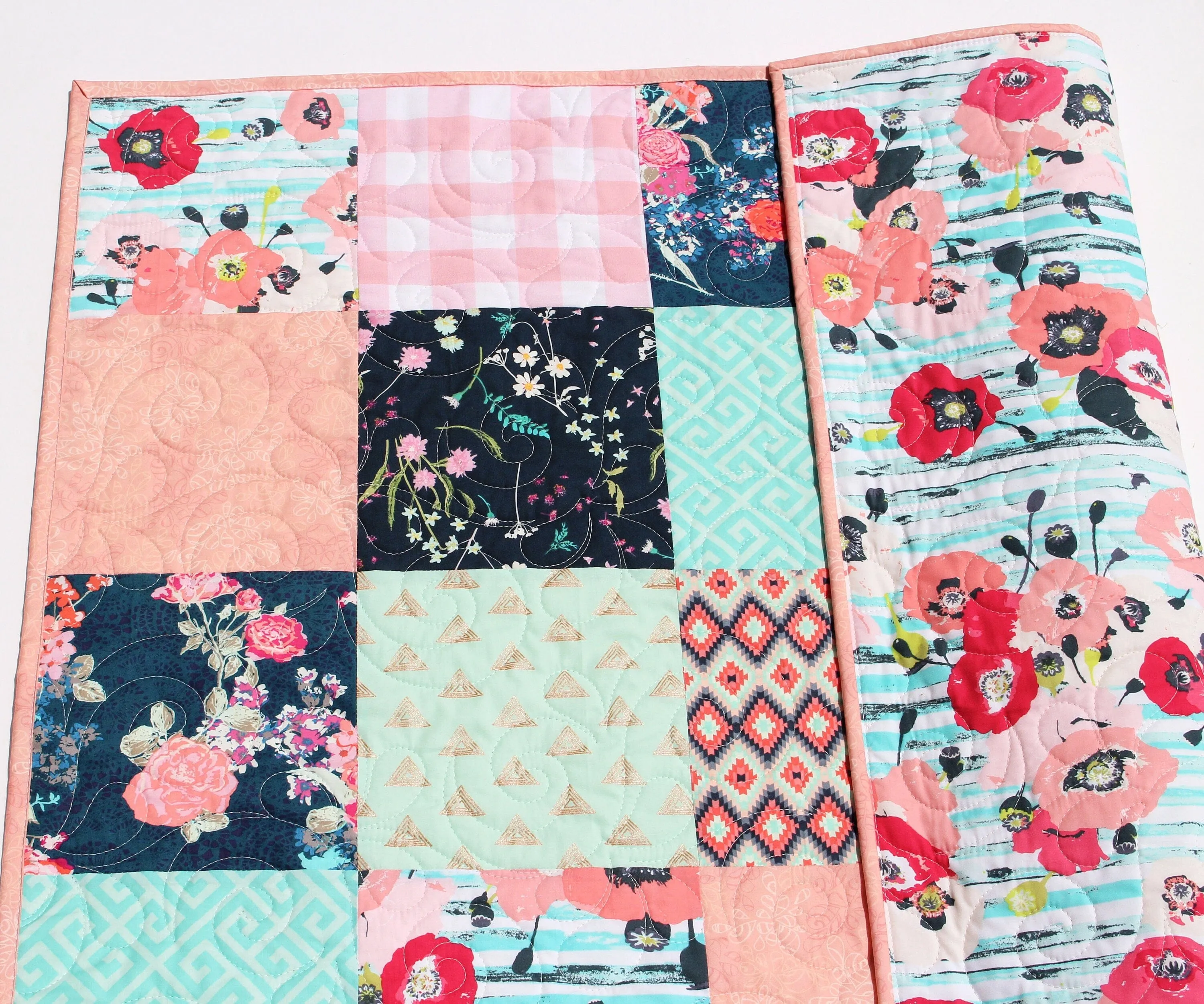 Floral Baby Girl Quilt, Newborn Blanket, Navy Coral Pink Aqua Bedding, Flower Nursery Girl
