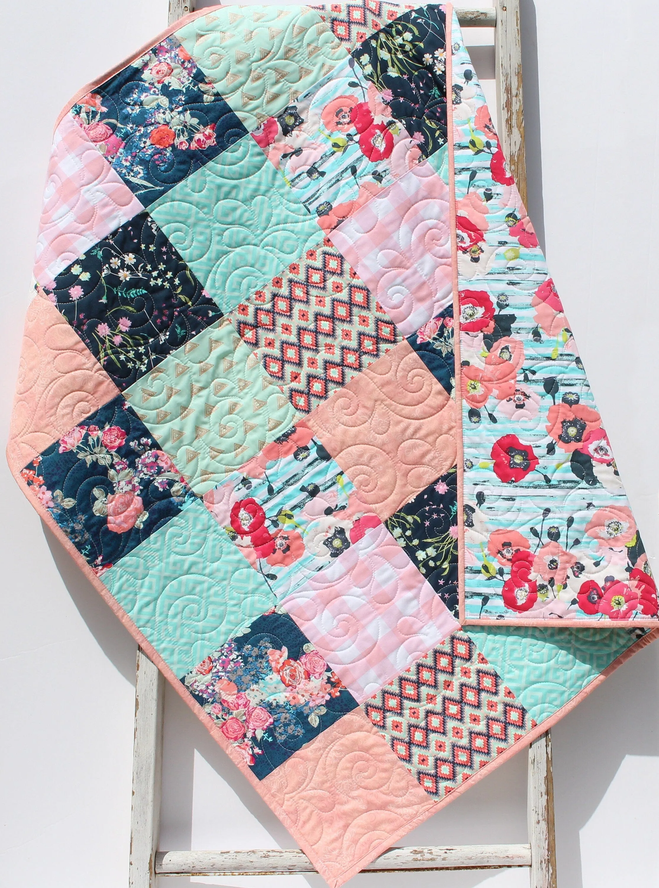 Floral Baby Girl Quilt, Newborn Blanket, Navy Coral Pink Aqua Bedding, Flower Nursery Girl