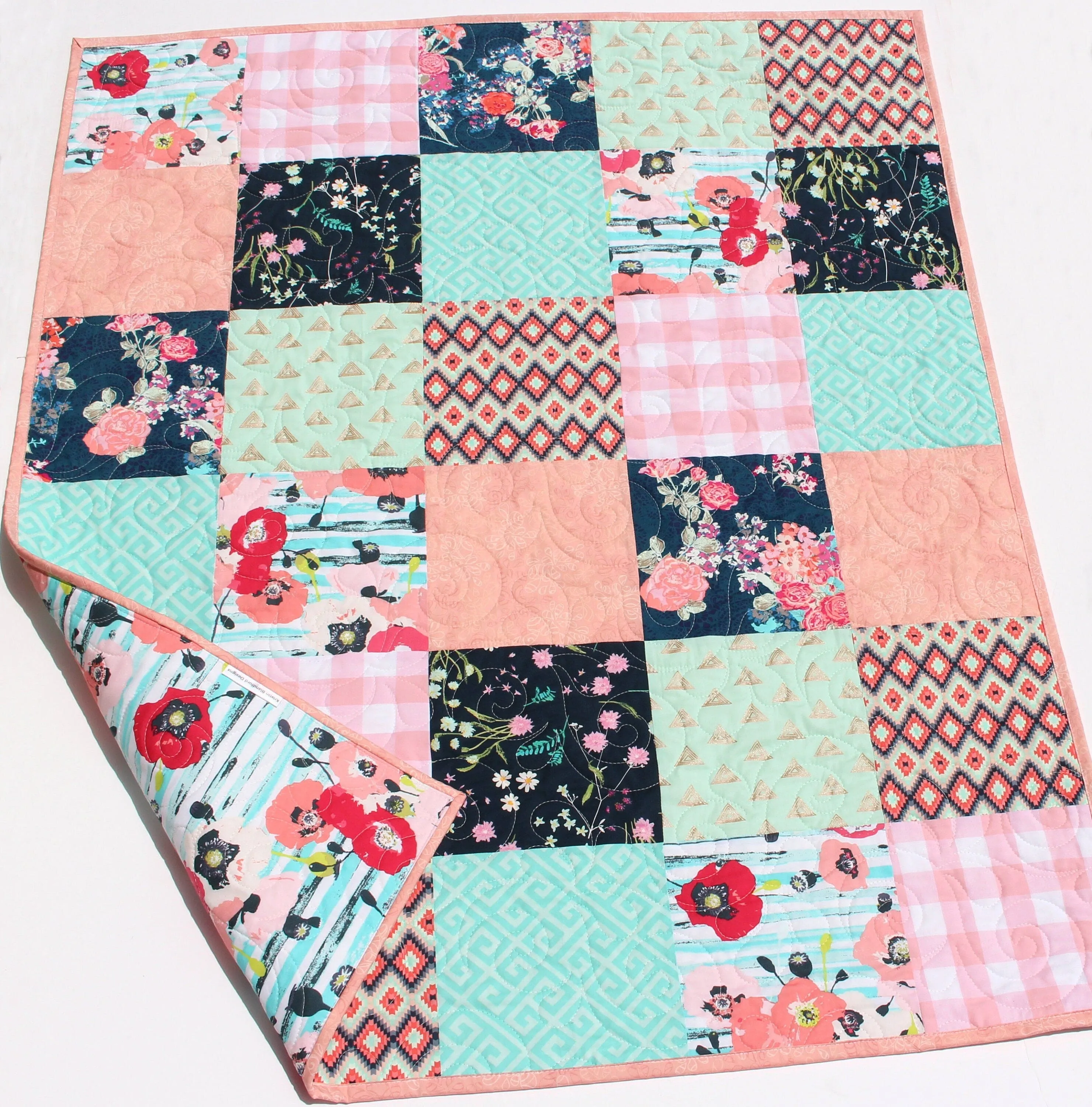 Floral Baby Girl Quilt, Newborn Blanket, Navy Coral Pink Aqua Bedding, Flower Nursery Girl