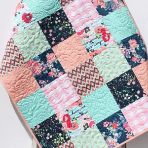 Floral Baby Girl Quilt, Newborn Blanket, Navy Coral Pink Aqua Bedding, Flower Nursery Girl