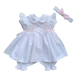 Girls White & Pink Smocked Dress Set