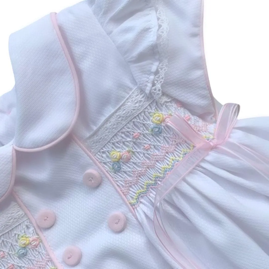 Girls White & Pink Smocked Dress Set