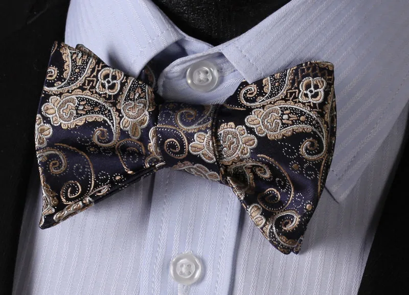 Gold Navy Blue Paisley Mens Silk Self tie Bow Tie with Pocket Squares Set