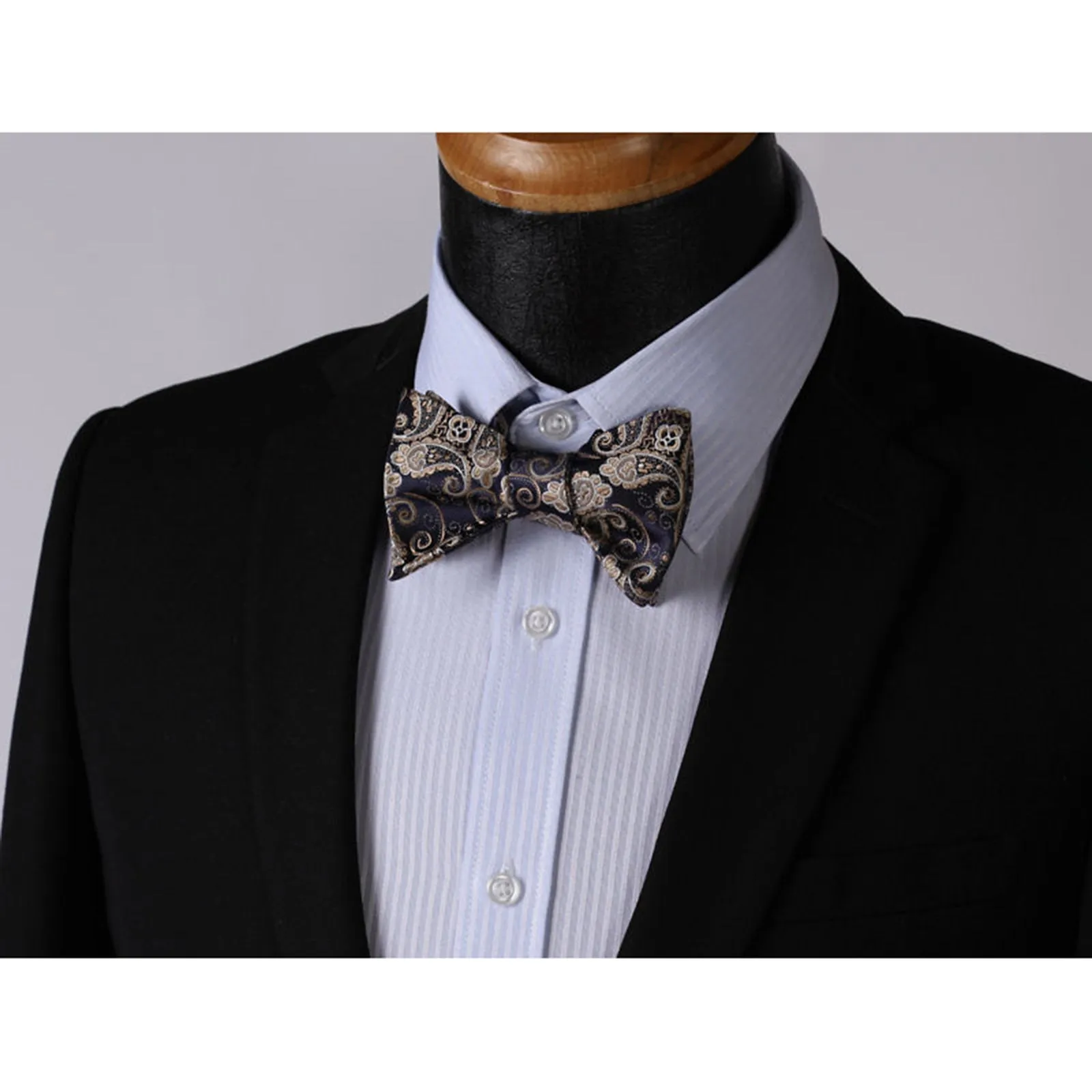 Gold Navy Blue Paisley Mens Silk Self tie Bow Tie with Pocket Squares Set