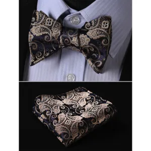 Gold Navy Blue Paisley Mens Silk Self tie Bow Tie with Pocket Squares Set