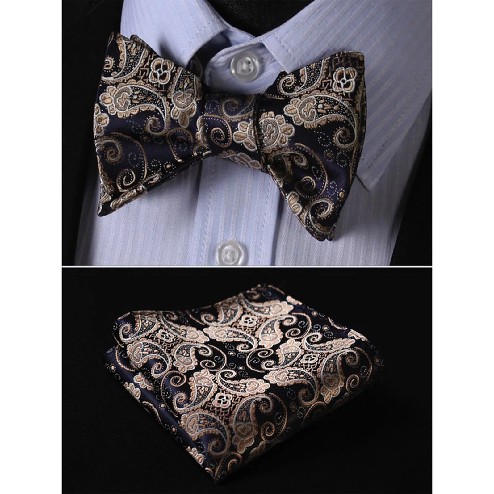 Gold Navy Blue Paisley Mens Silk Self tie Bow Tie with Pocket Squares Set