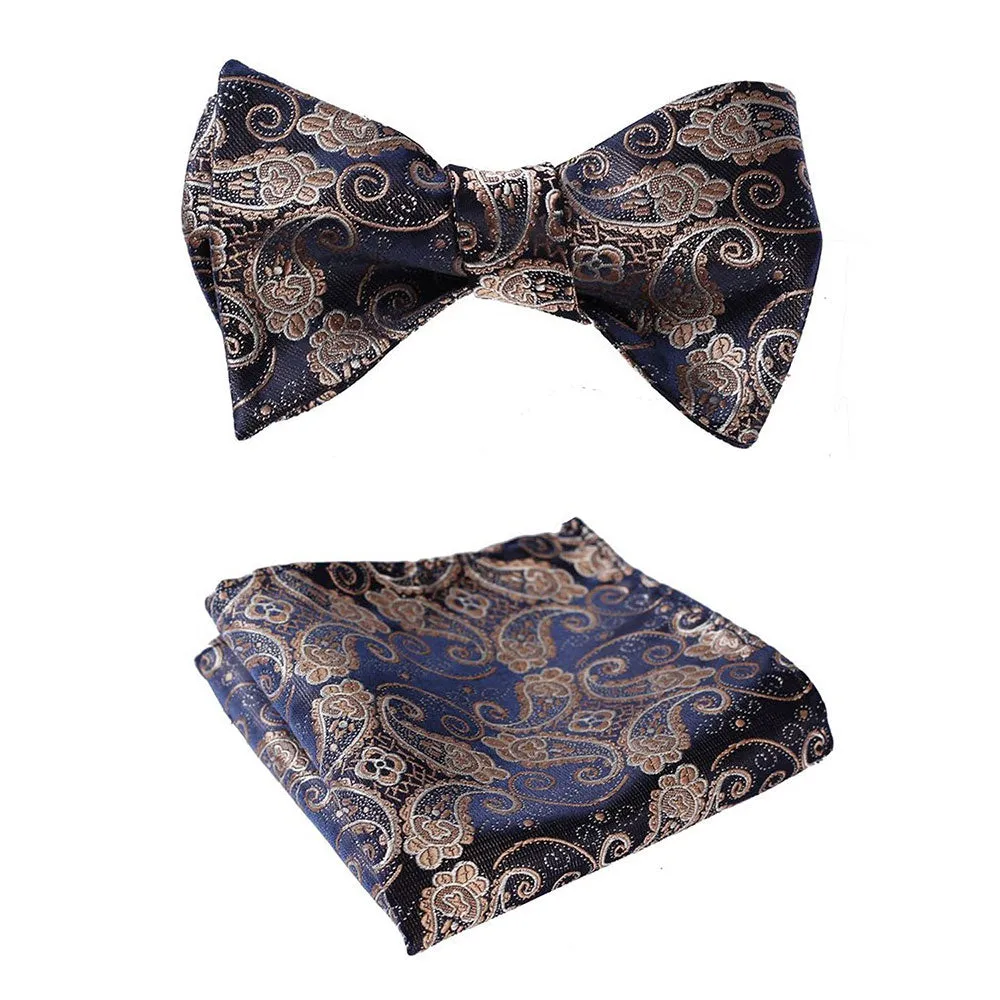 Gold Navy Blue Paisley Mens Silk Self tie Bow Tie with Pocket Squares Set