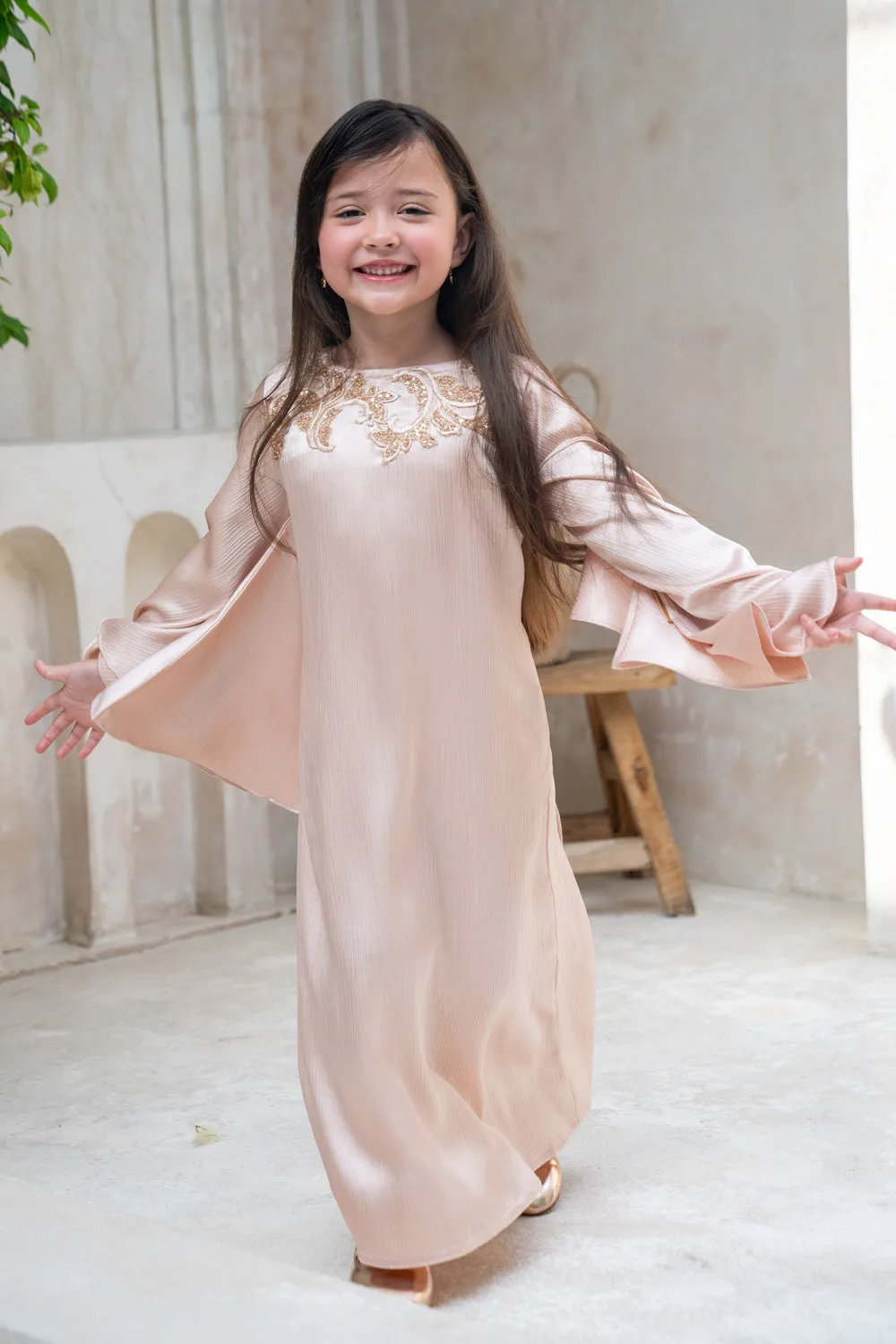 Golden Peach Charm Kids Abaya