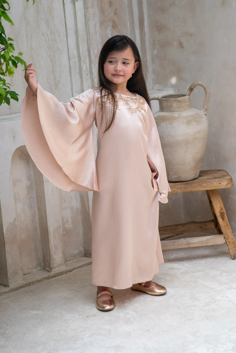Golden Peach Charm Kids Abaya