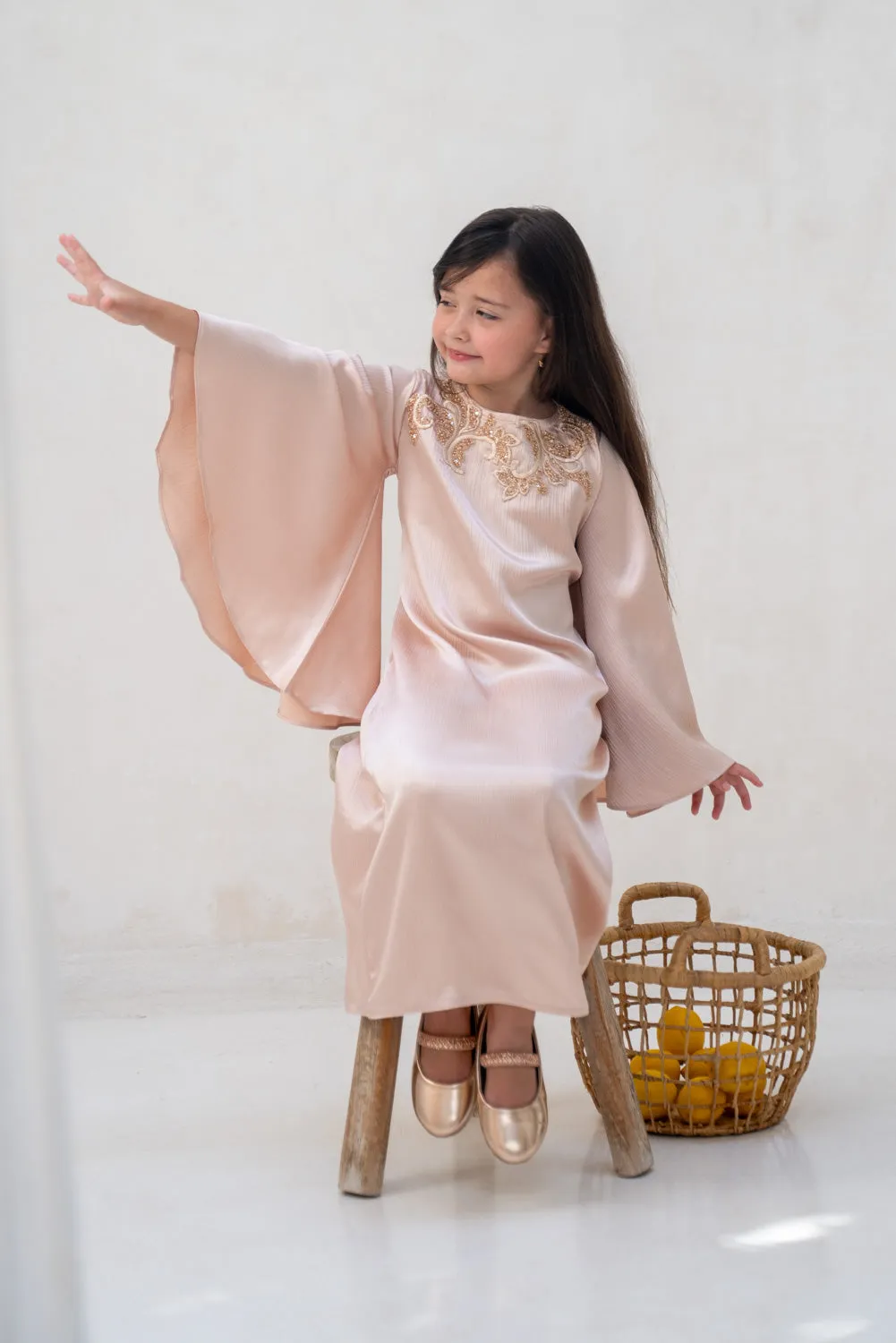 Golden Peach Charm Kids Abaya