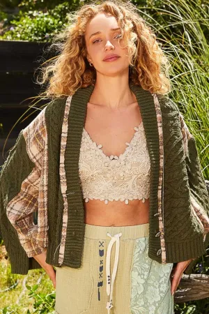 Green Cable-Knit Plaid V-Neck Button Up Cardigan