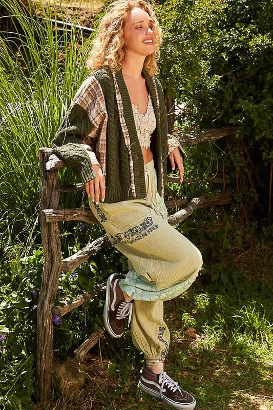 Green Cable-Knit Plaid V-Neck Button Up Cardigan