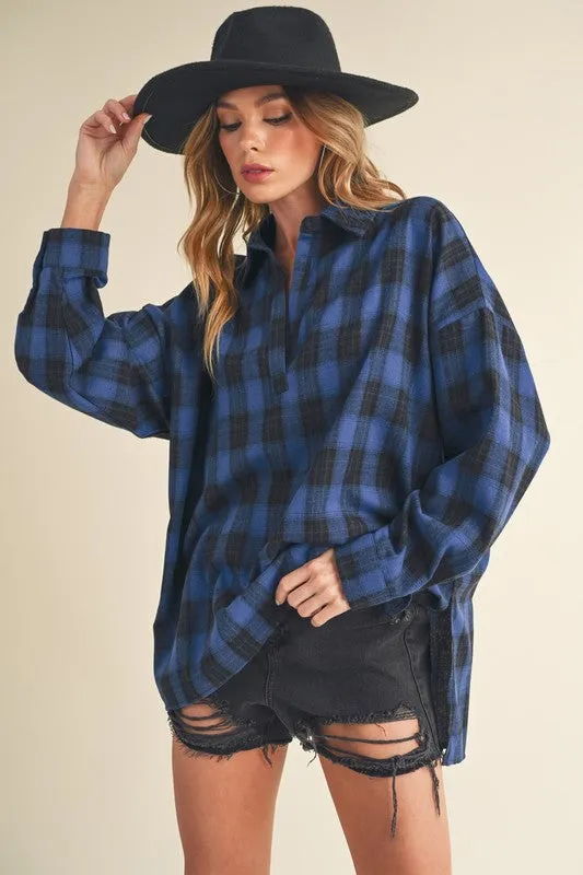 Hazel Blues® |  Aemi   Co Side Slit High-Low Plaid Long Sleeve Polo Shirt