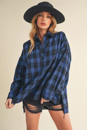 Hazel Blues® |  Aemi   Co Side Slit High-Low Plaid Long Sleeve Polo Shirt