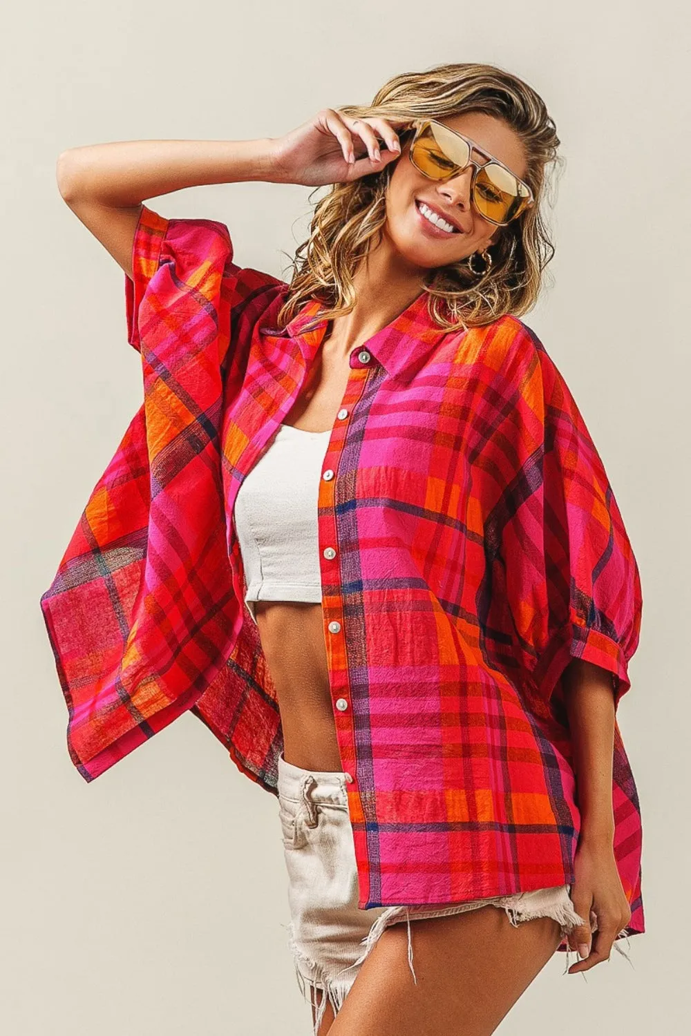 Hazel Blues® |  BiBi Button Up Dolman Sleeve Plaid Shirt