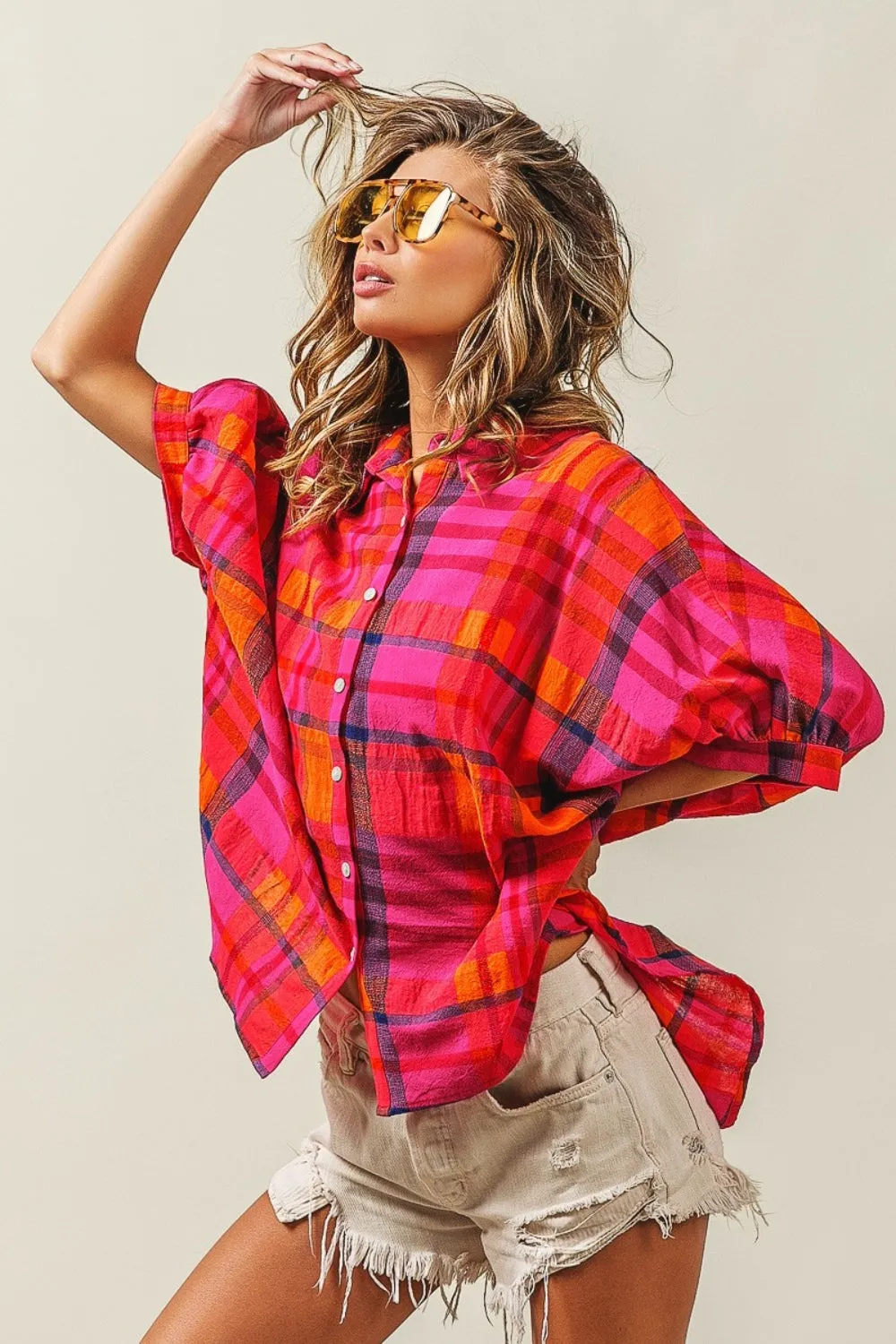 Hazel Blues® |  BiBi Button Up Dolman Sleeve Plaid Shirt