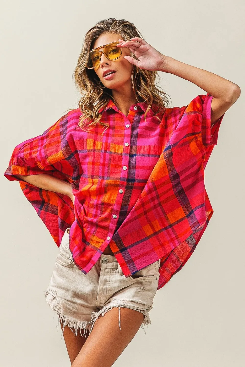 Hazel Blues® |  BiBi Button Up Dolman Sleeve Plaid Shirt