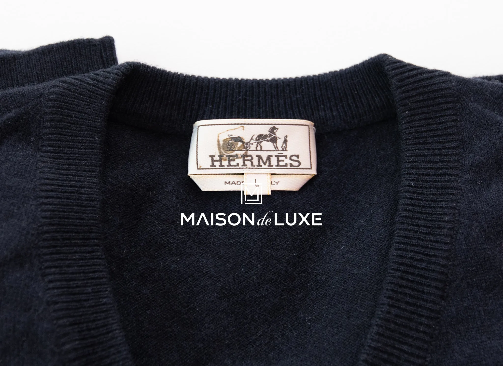 Hermes Blue Marine V-Neck Cashmere Sweater L