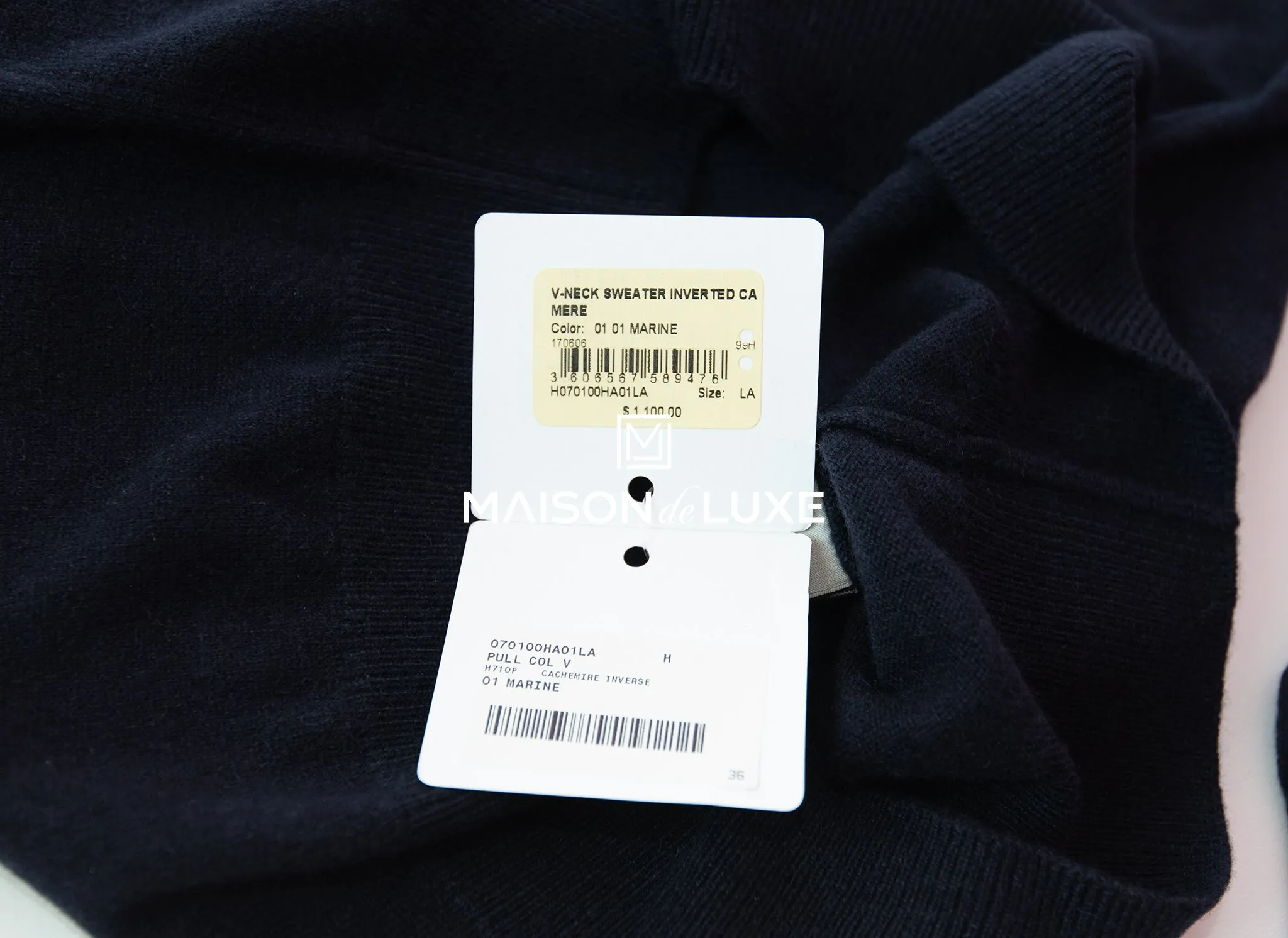 Hermes Blue Marine V-Neck Cashmere Sweater L