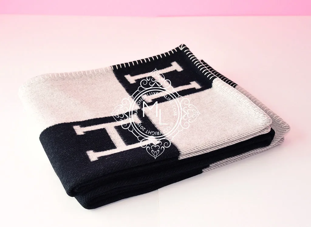 Hermes Large Black Noir Wool Cashmere H Avalon Blanket