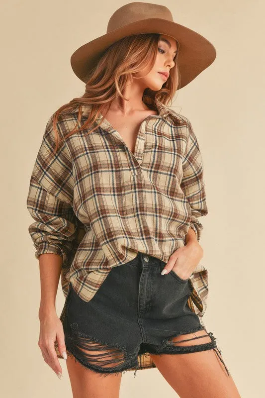 High-Low Plaid Long Sleeve Polo Shirt