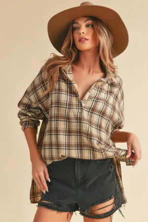 High-Low Plaid Long Sleeve Polo Shirt