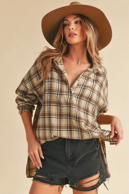 High-Low Plaid Long Sleeve Polo Shirt