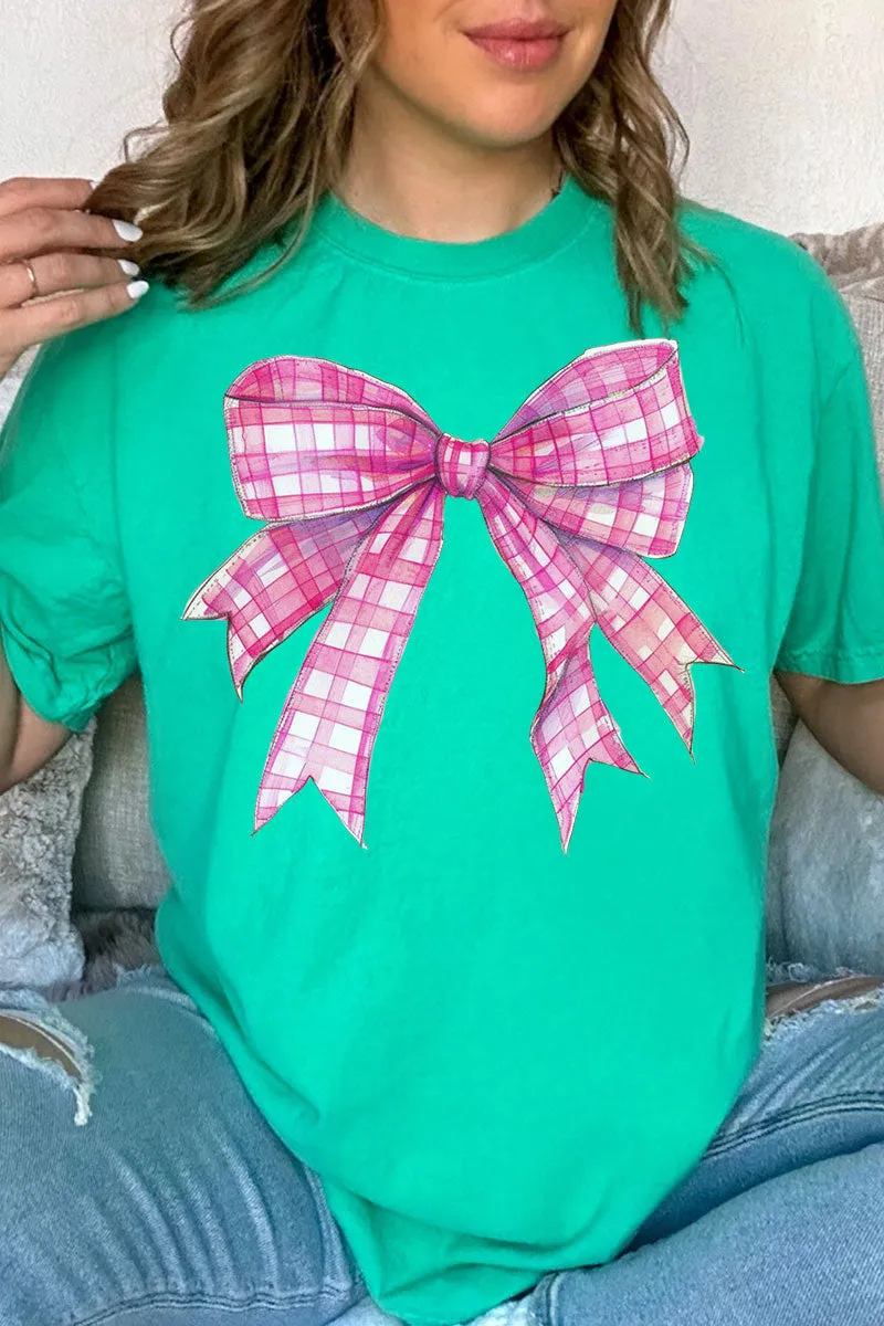 Hot Pink Gingham Bow Comfort Colors Adult Ring-Spun Cotton Tee