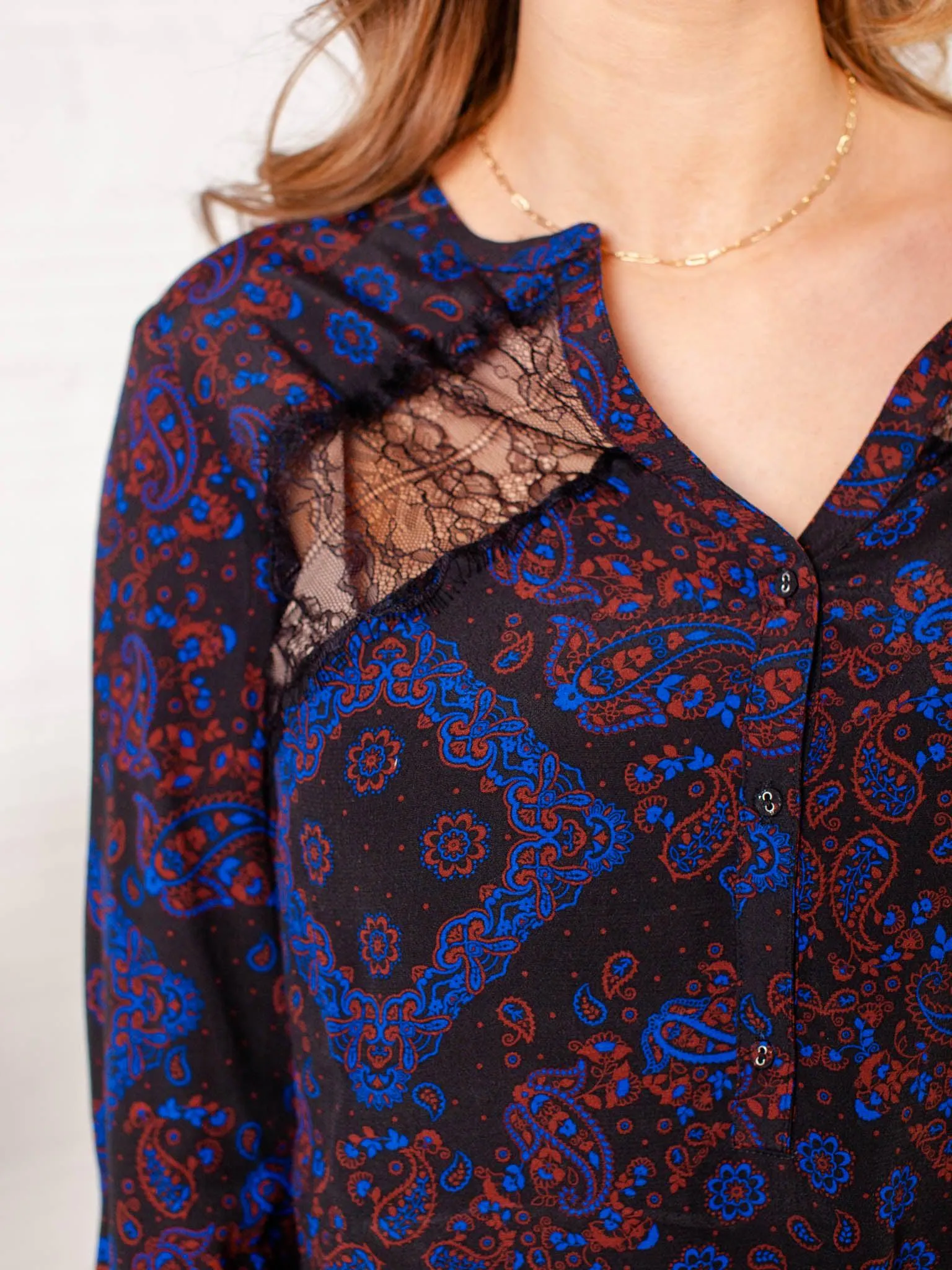 Lace Inset Split Neck Button Front Top