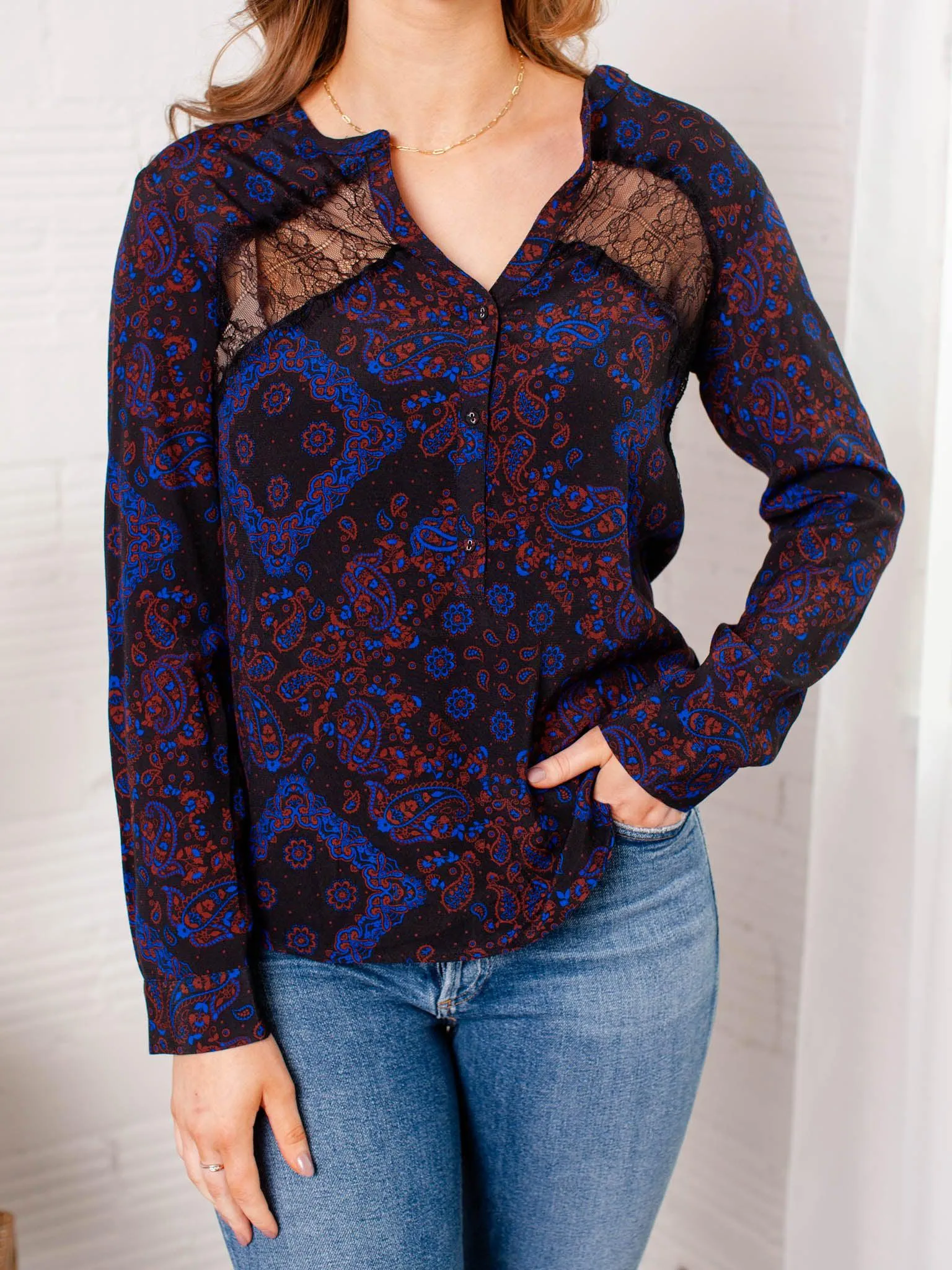 Lace Inset Split Neck Button Front Top