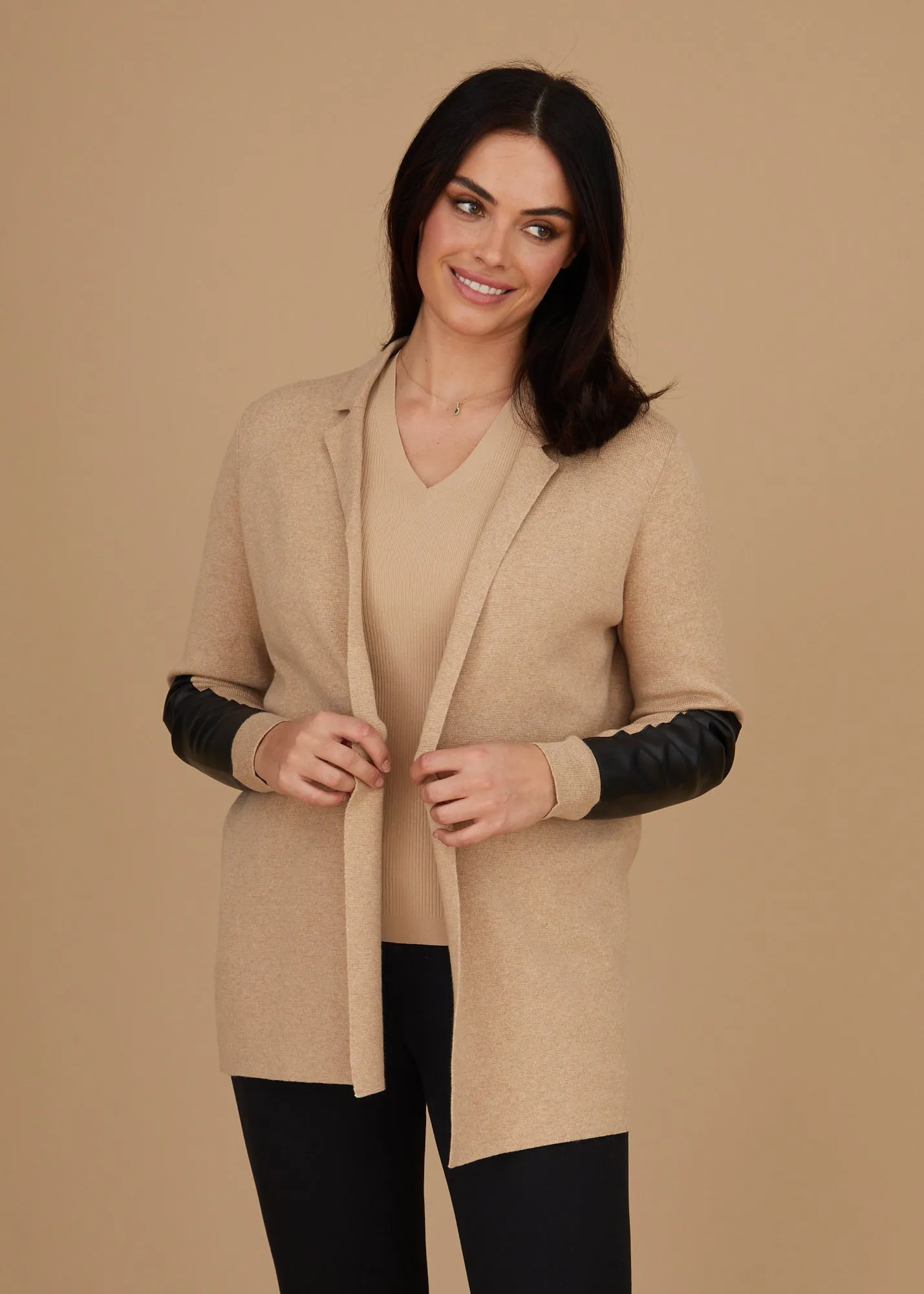 Leather Trip Open Front Cardigan: FINAL SALE