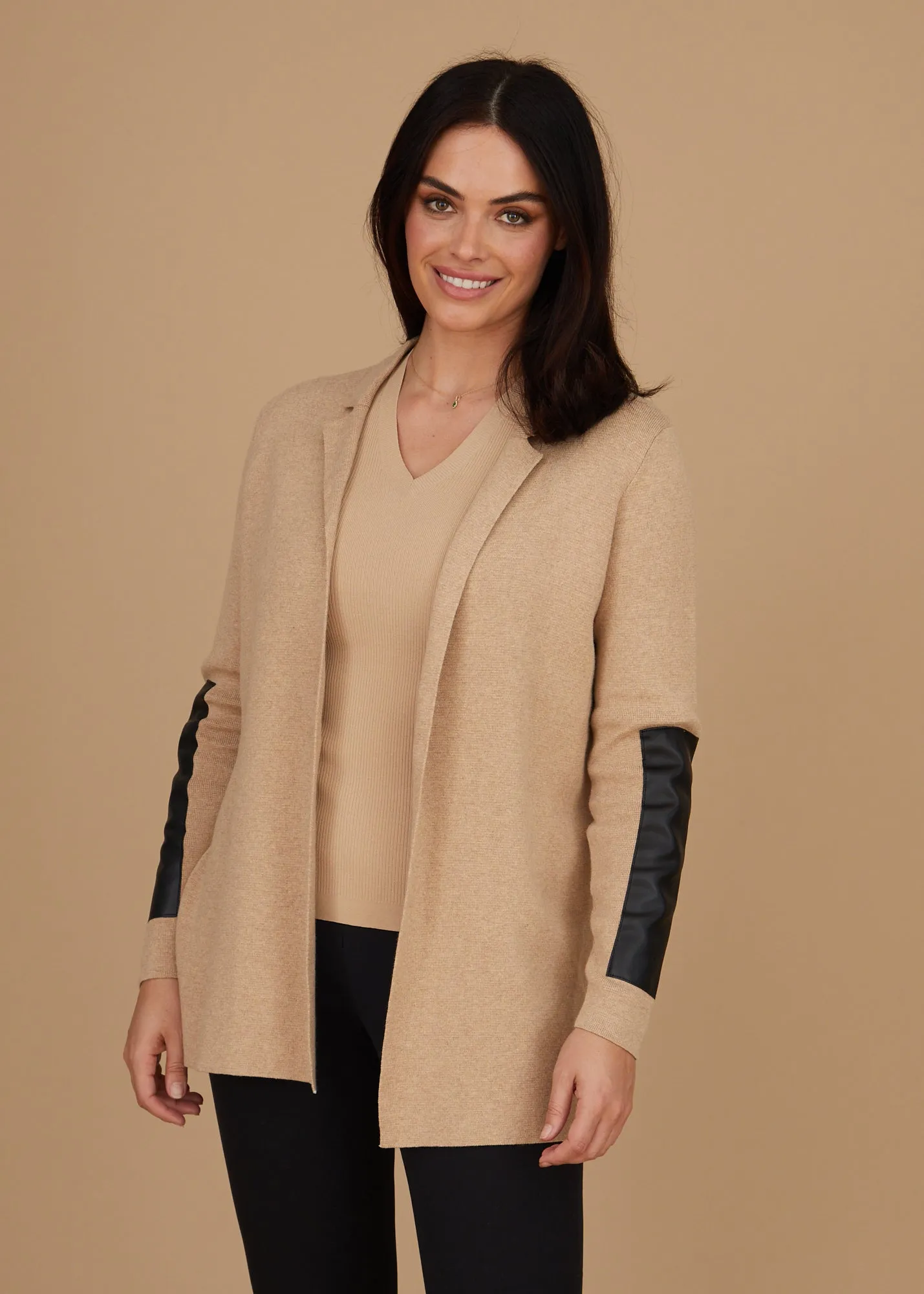 Leather Trip Open Front Cardigan: FINAL SALE