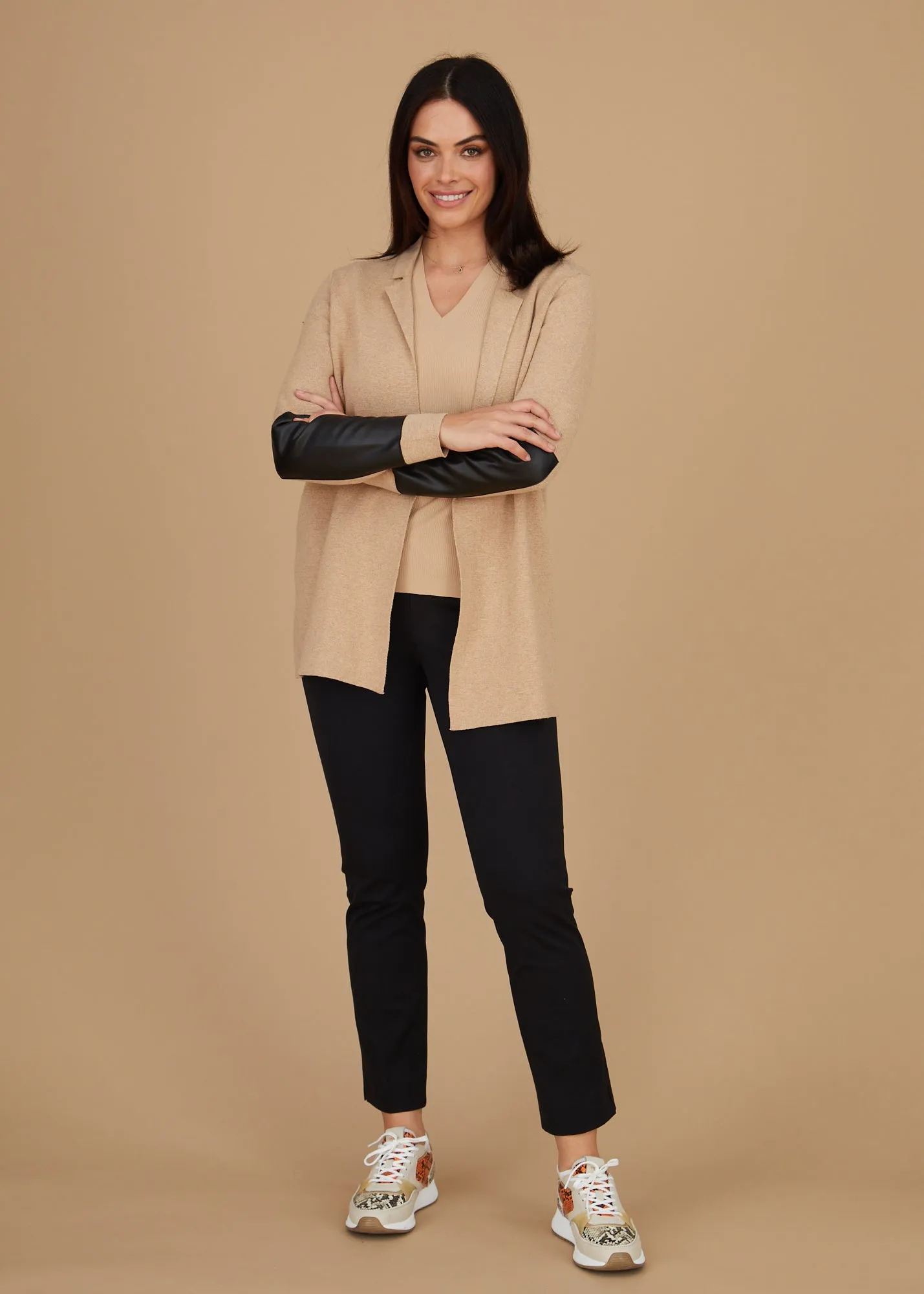 Leather Trip Open Front Cardigan: FINAL SALE