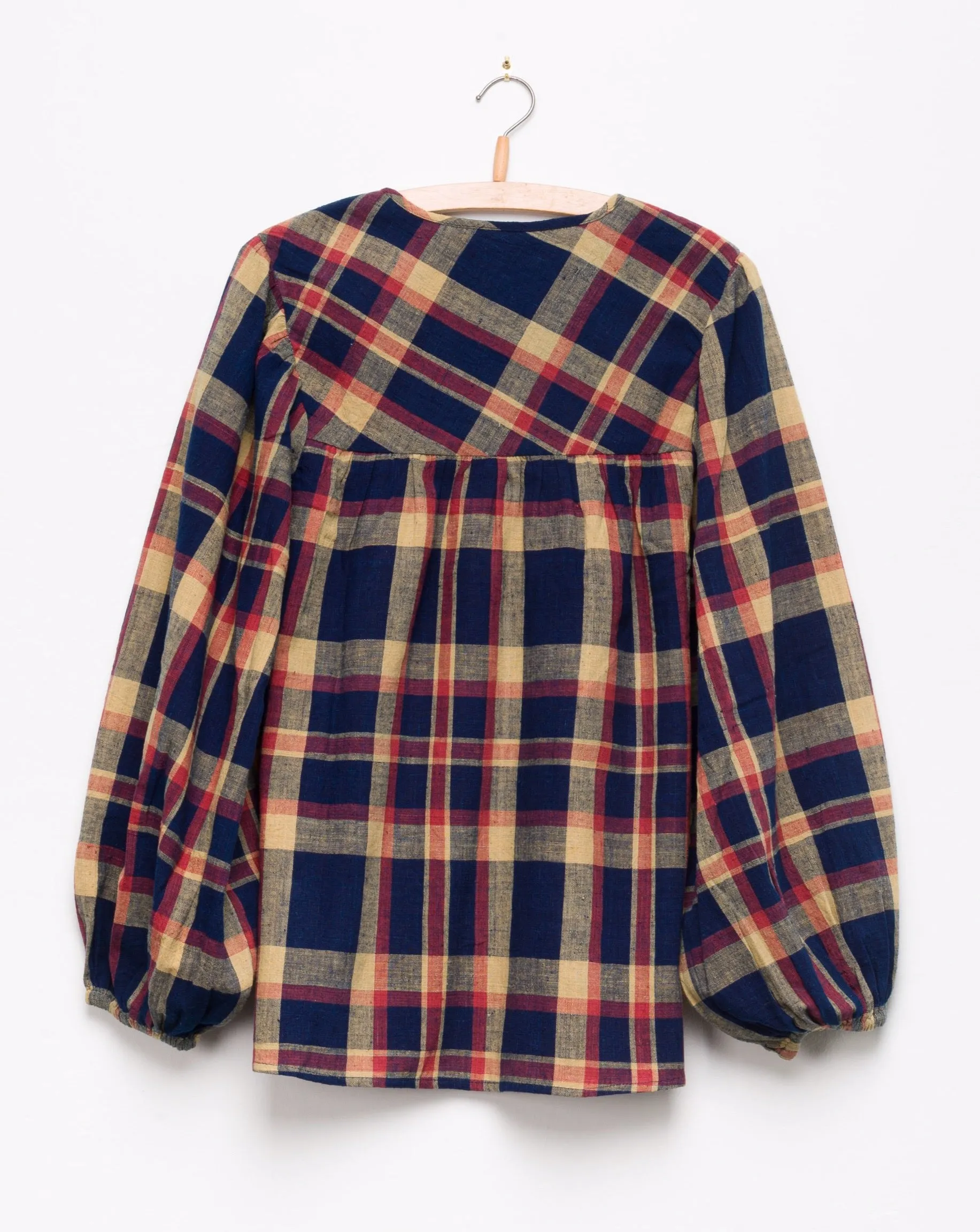 Madhuri L/S Peasant Top in Navy Madras Plaid